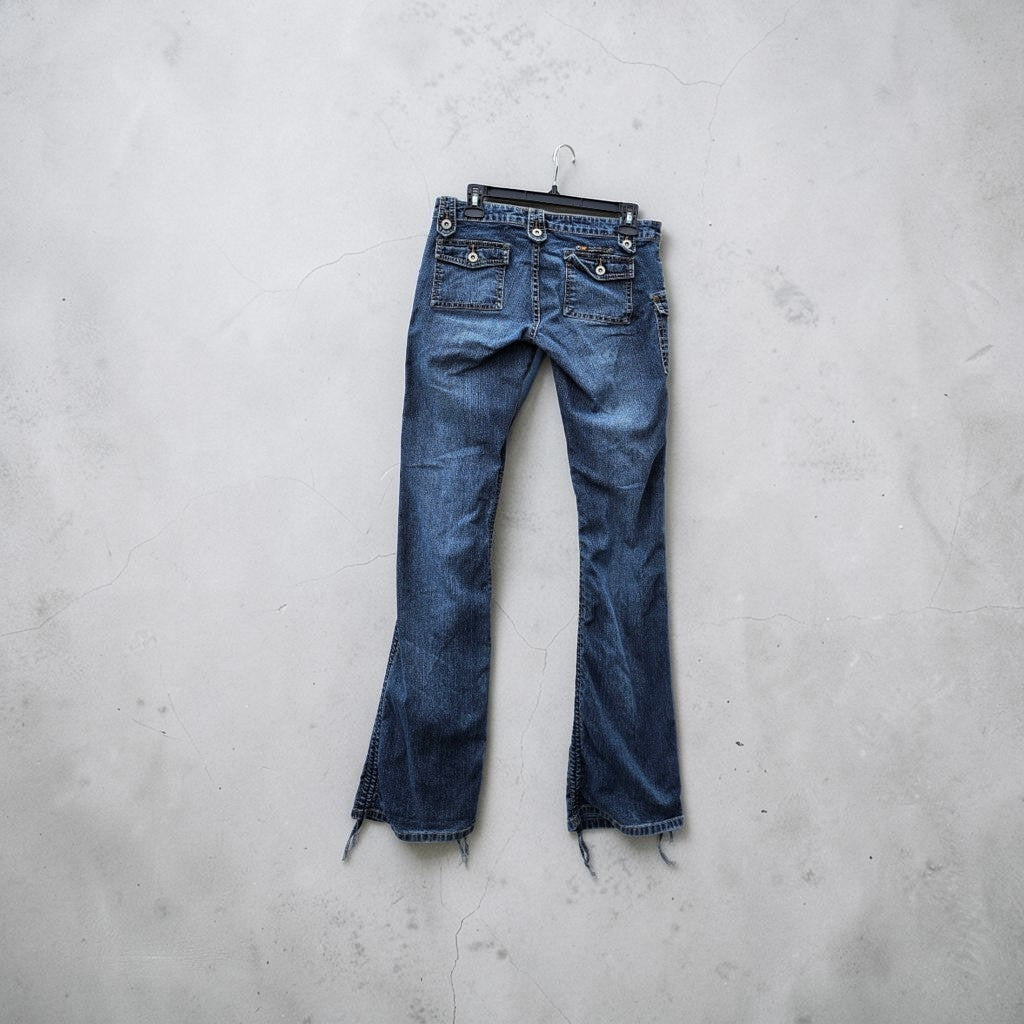 Womens Y2K Parasuco dark wash low rise denim cargo flare jeans