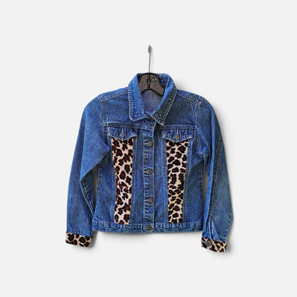 Y2k Womens Nevada leopard print panels denim trucker jacket