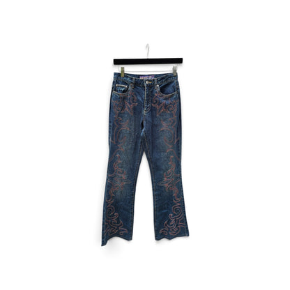 Y2k Manhattan dark wash tribal reddish orange flare pants
