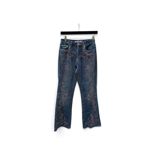 Y2k Manhattan dark wash tribal reddish orange flare pants
