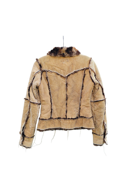 Y2k Womens Parasuco ergonomic jeans brown faux fur trim distressed tan corduroy jacket