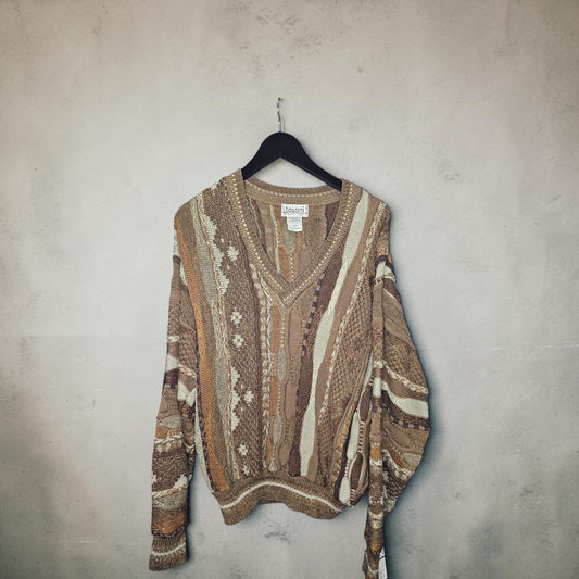 Vintage Tosani earth toned 3D knit abstract pattern v neck sweater