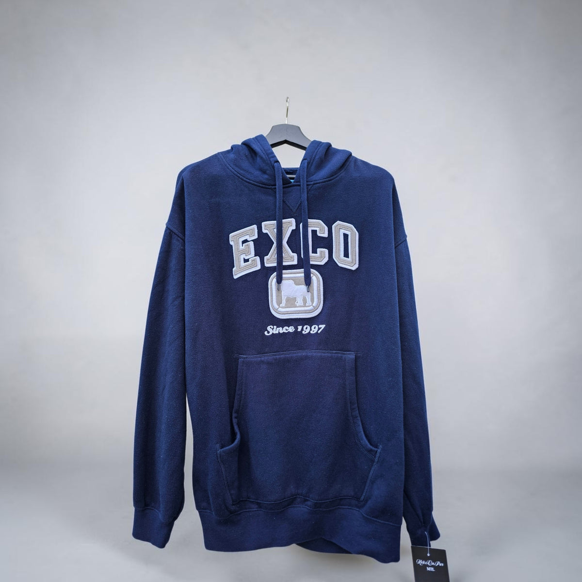 Y2K Exco logo navy blue pullover hoodie
