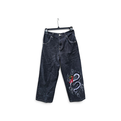 Y2k 725 washed black snake flame denim pants