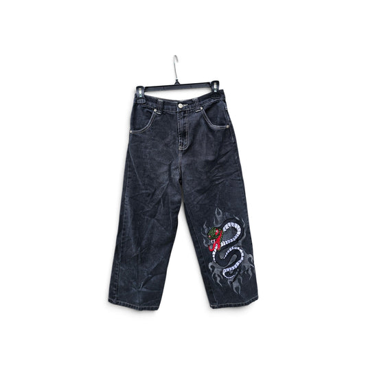 Y2k 725 washed black snake flame denim pants